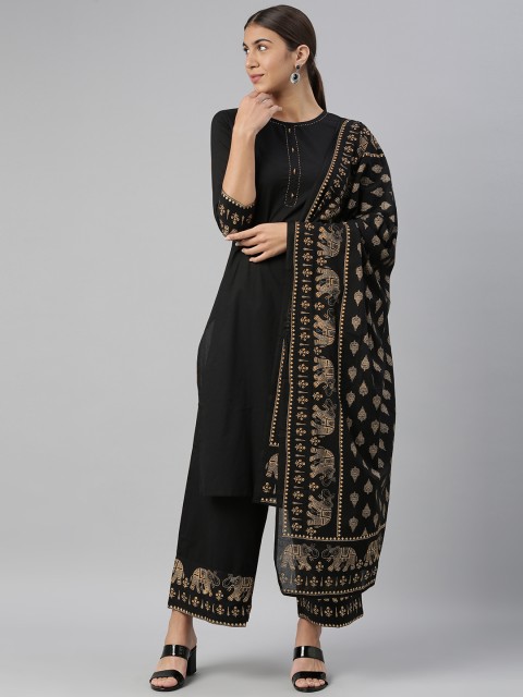 

AHIKA Women Black & Beige Pure Cotton Kurta with Palazzos & Dupatta