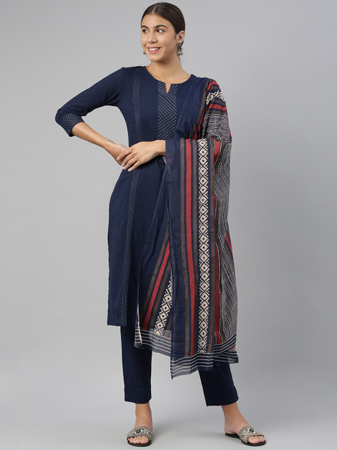 

AHIKA Women Navy Blue Embroidered Pure Cotton Kurta with Trousers & Dupatta
