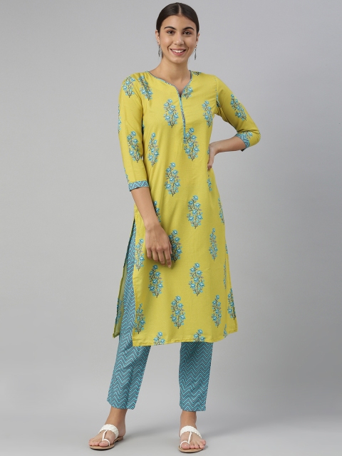 

AHIKA Women Lime Green & Blue Ethnic Motifs Printed Kurta with Trousers