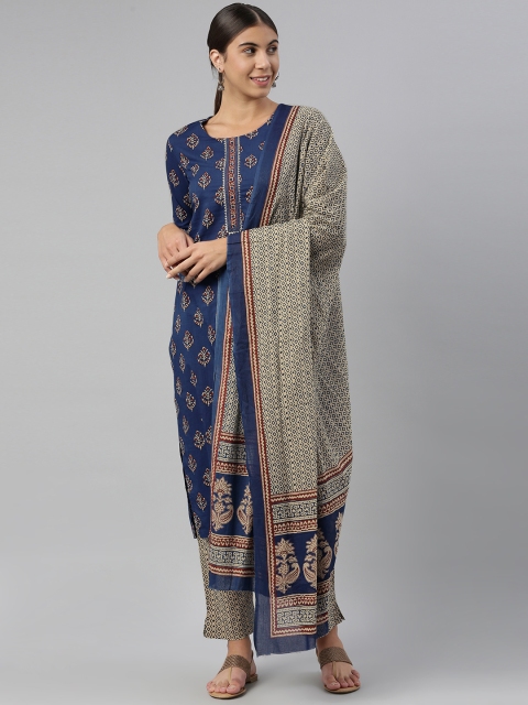 

AHIKA Women Navy Blue & Beige Printed Pure Cotton Kurta with Palazzos & Dupatta