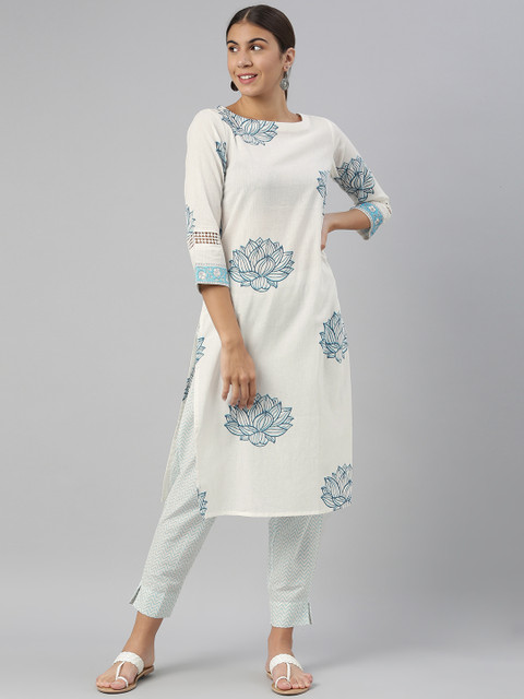 

AHIKA Women White & Blue Ethnic Motifs Printed Pure Cotton Kurta with Trousers
