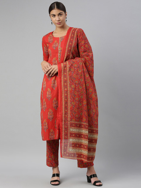 

AHIKA Women Red & Beige Ethnic Motifs Printed Pure Cotton Kurta With Trousers & Dupatta