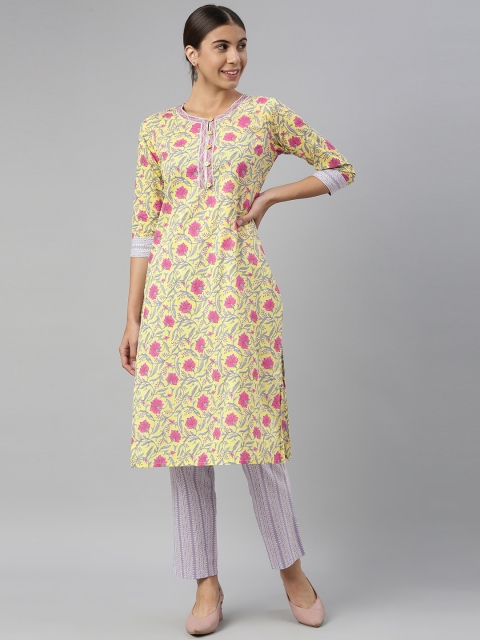 

AHIKA Women Yellow & Pink Ethnic Motifs Printed Pure Cotton Kurta with Trousers