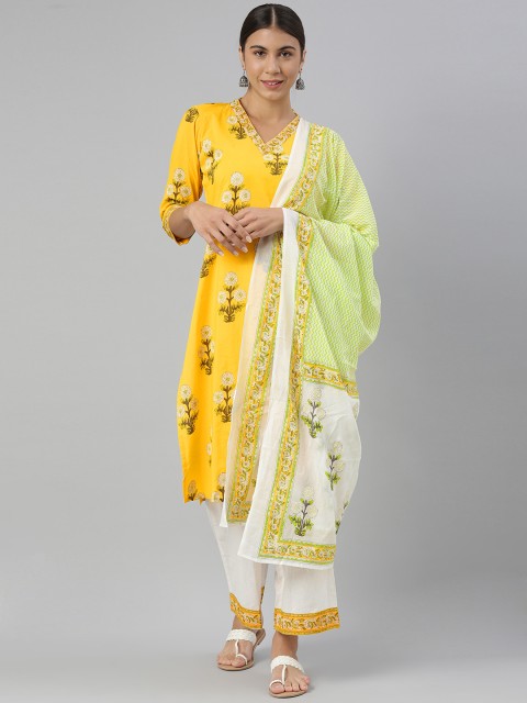 

AHIKA Women Yellow Floral Printed Pure Cotton Kurta With Palazzos & Dupatta