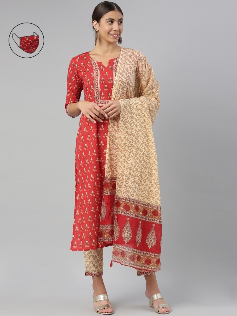 

AHIKA Women Red Ethnic Motifs Printed Pure Cotton Kurta with Trousers & With Dupatta