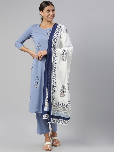 

AHIKA Women Blue Ethnic Motifs Printed Pure Cotton Kurta with Trousers & With Dupatta