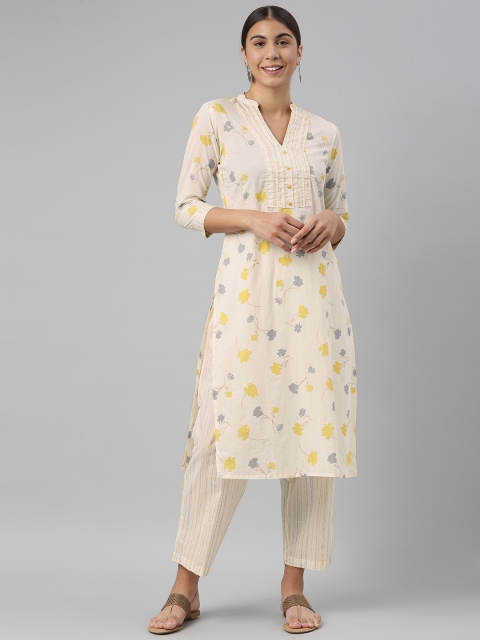 

AHIKA Women White & Yellow Floral Printed Pure Cotton Kurta with Palazzos