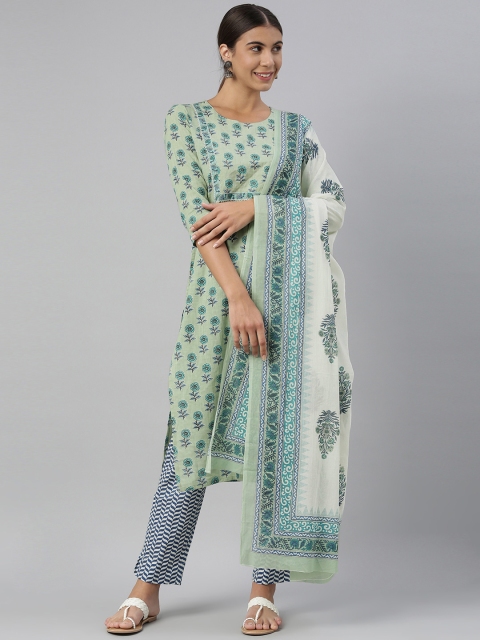 

AHIKA Women Sea Green Ethnic Motifs Printed Pure Cotton Kurta with Trousers & Dupatta