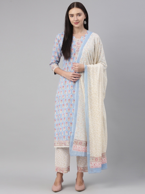 

AHIKA Women Blue Floral Printed Pure Cotton Kurta with Trousers & With Dupatta