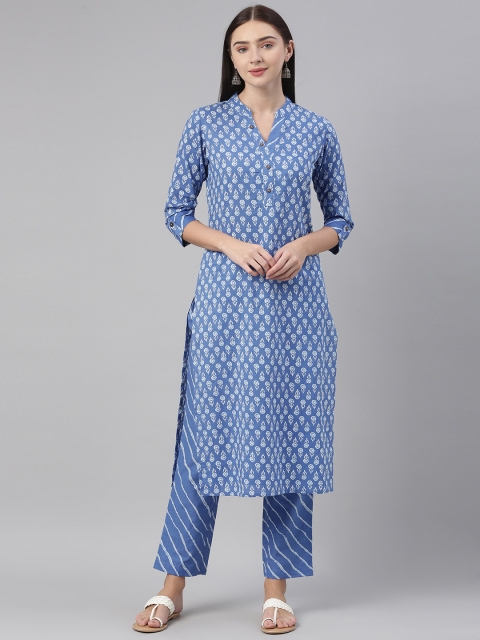 

AHIKA Women Blue Ethnic Motifs Printed Pure Cotton Kurta with Trousers
