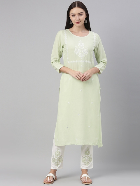 

AHIKA Women Sea Green Floral Yoke Design Thread Work Pure Cotton Kurta with Trousers