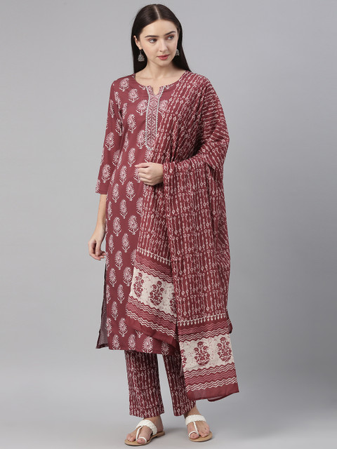 

AHIKA Women Maroon Ethnic Motifs Printed Kurta with Trousers & With Dupatta