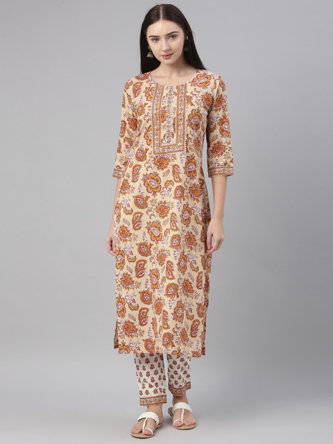 

AHIKA Women Beige Ethnic Motifs Printed Pure Cotton Kurta with Trousers