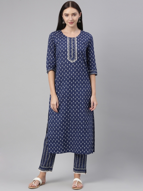 

AHIKA Women Navy Blue Ethnic Motifs Printed Pure Cotton Kurta with Trousers