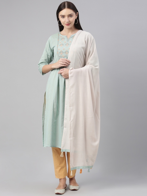 

AHIKA Women Blue Embroidered Pure Cotton Kurta with Churidar & With Dupatta