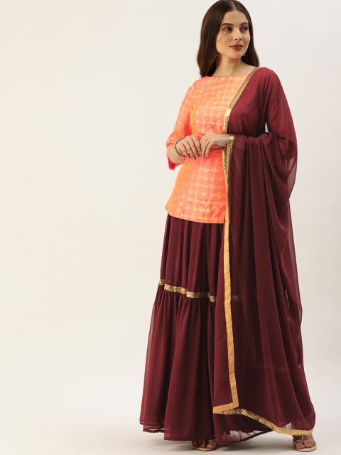 

EthnoVogue Orange & Burgundy Printed Made to Measure Lehenga & Blouse With Dupatta