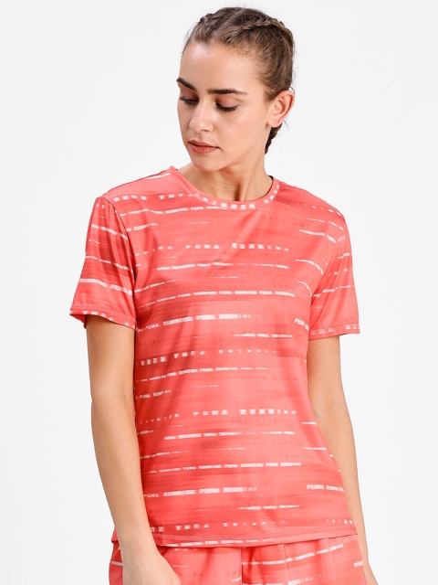 

Puma Women Peach-Coloured & White Striped RUN GRAPHIC SS TEE W