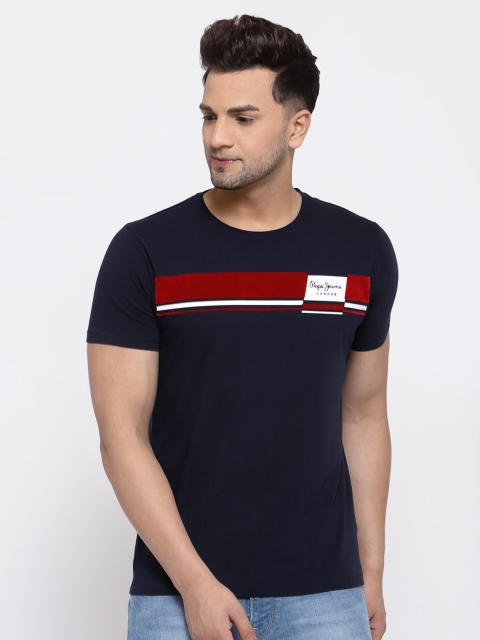 

Pepe Jeans Men Navy Blue & Maroon Slim Fit Striped Round Neck T-shirt