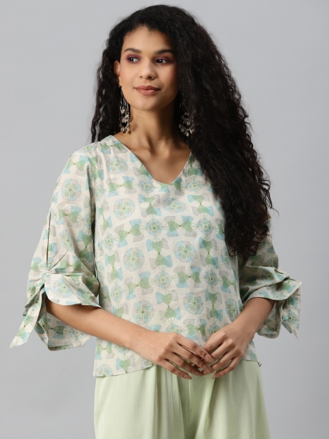 

Fabindia Green & White Cotton Slub Floral Slit Sleeve Regular Top