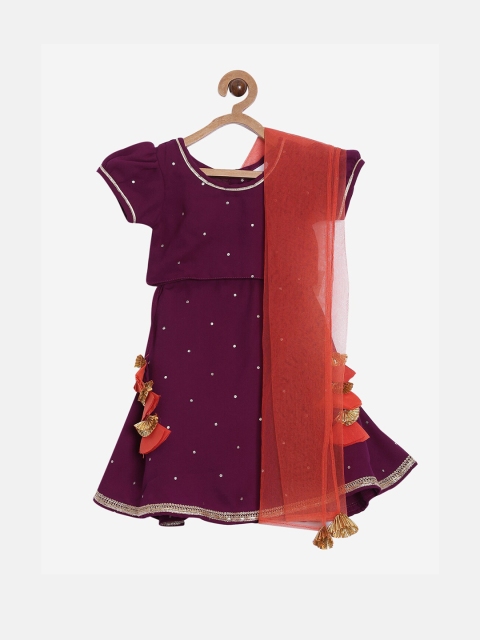 

Aomi Girls Purple & Red Embellished Ready to Wear Lehenga & Blouse with Dupatta