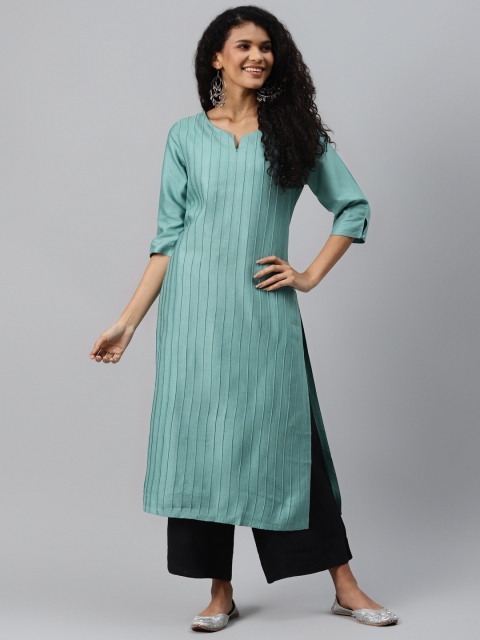 

Fabindia Women Blue Striped Keyhole Neck Thread Work Kurta