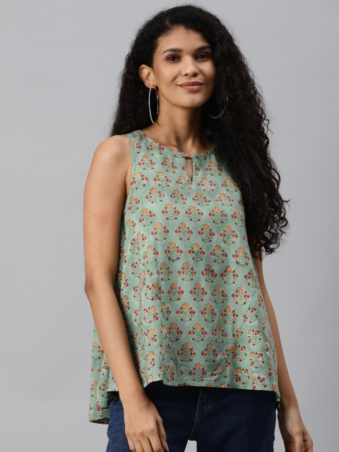 

Fabindia Green & Maroon Cotton Floral Print Keyhole Neck A-Line Top