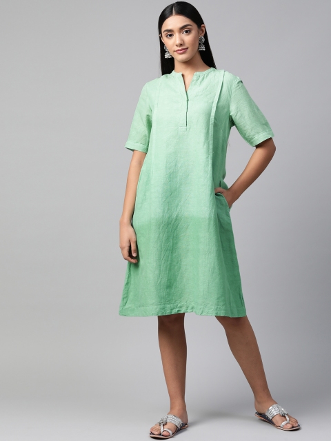 

Fabindia Green Linen Cotton Ombre Dyed Length Ethnic A-Line Dress