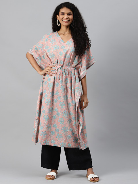 

Fabindia Women Pink & Grey Floral Printed Kimono Sleeves Floral Kurta