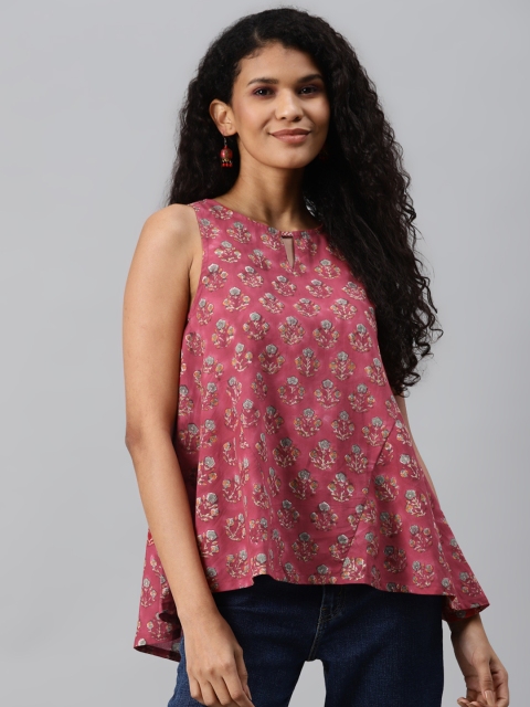

Fabindia Pink & Green Cotton Floral Print Keyhole Neck A-Line Top