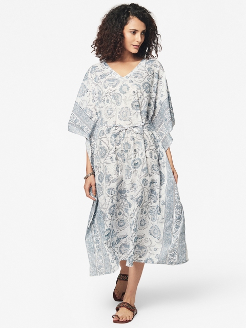 

Fabindia White & Blue Ethnic Motifs Kaftan Pure Cotton Midi Dress