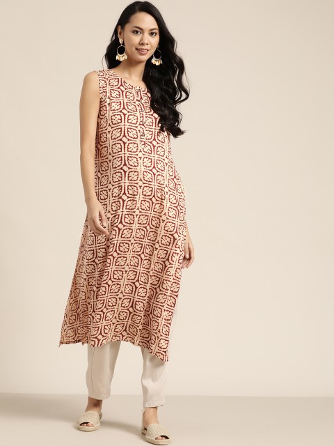 

Sangria Women Off White & Brown Ethnic Motifs Print Cotton Straight Kurta