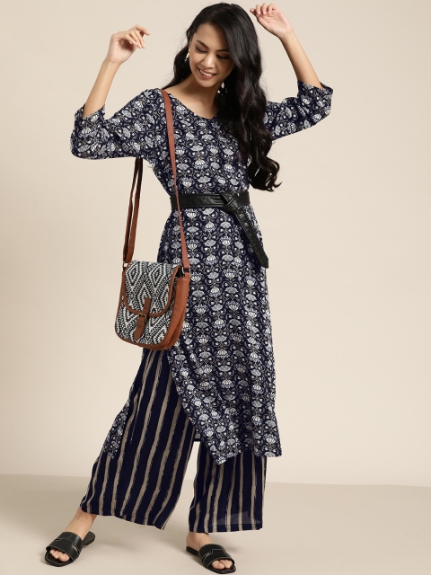 

Sangria Women Navy Blue Ethnic Motifs Print Pure Cotton Straight Kurta with Palazzos