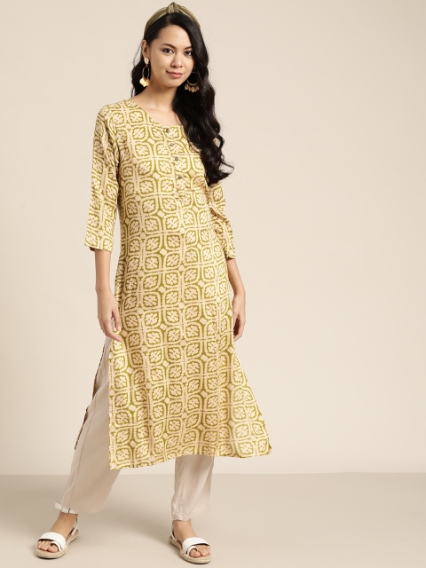

Sangria Women Off White & Olive Green Ethnic Motifs Print Cotton Straight Kurta