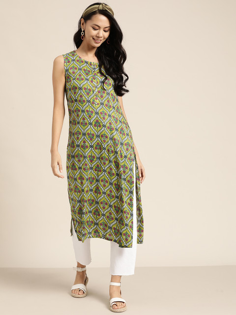 

Sangria Women Green & Purple Ethnic Motifs Print Cotton Straight Kurta