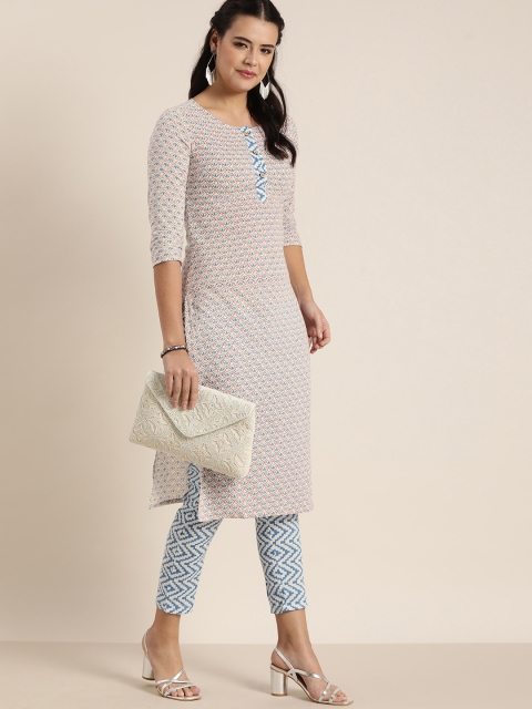 

Sangria Women Off White Printed Pure Cotton Kurta with Trousers