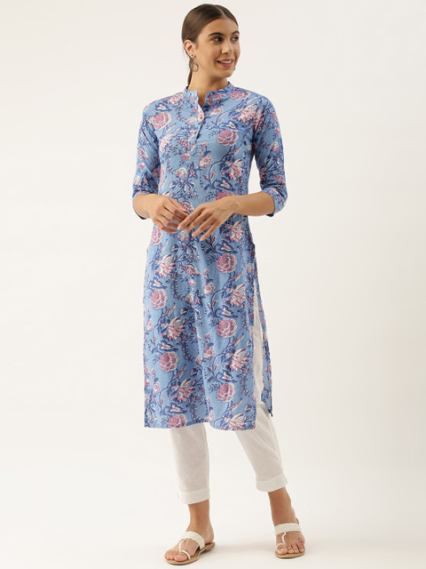 

Sangria Women Blue & Pink Floral Printed Cotton Kurta