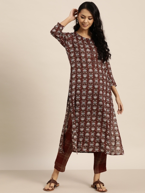 

Sangria Women Coffee Brown & White Printed Pure Cotton Kurta with Trousers