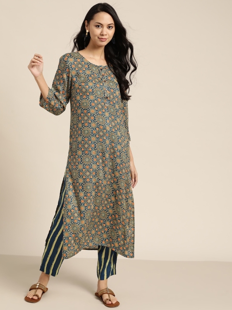 

Sangria Women Teal Blue & Orange Motifs Print Pure Cotton Straight Kurta with Trousers