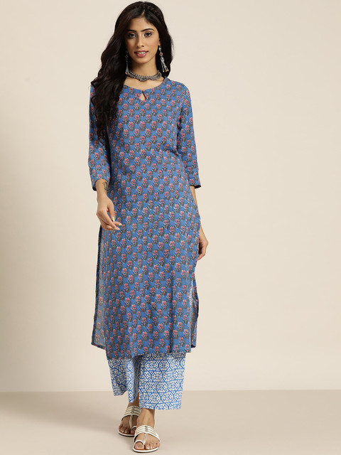 

Sangria Women Blue Floral Printed Pure Cotton Kurta with Palazzos