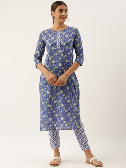 

Sangria Women Blue Floral Printed Pure Cotton Kurta with Trousers