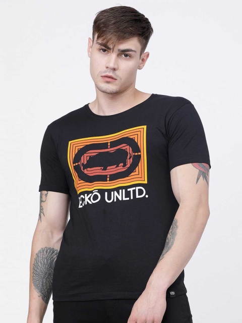 

Ecko Unltd Men Black & Mustard Yellow Pure Cotton Printed Round Neck T-shirt