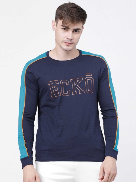 

Ecko Unltd Men Navy Blue & Beige Pure Cotton Printed Round Neck T-shirt