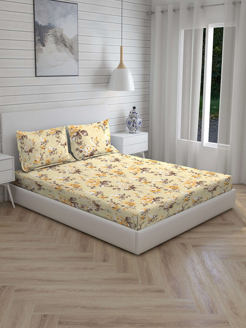 

Boutique Living India Yellow Floral 210 TC Cotton 1 King Bedsheet with 2 Pillow Covers