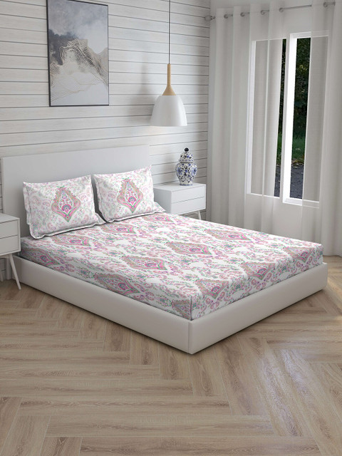 

Boutique Living India White & Pink Ethnic Motifs 300 TC Cotton 1 King Bedsheet with 2 Pillow Covers