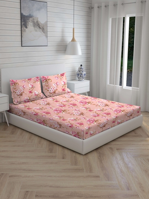 

Boutique Living India Peach-Coloured & Brown Floral 210 TC Cotton 1 King Bedsheet with 2 Pillow Covers