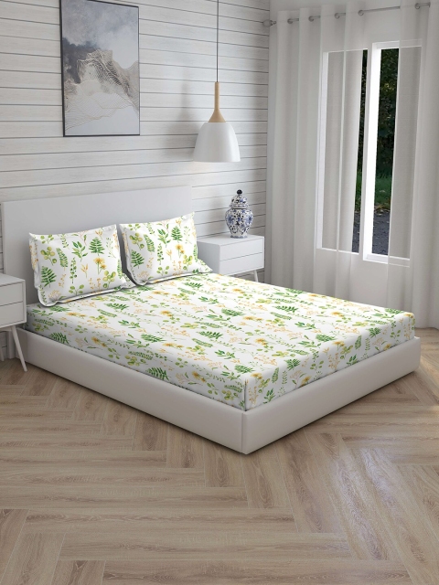 

Boutique Living India White & Green Floral 210 TC Cotton 1 King Bedsheet with 2 Pillow Covers