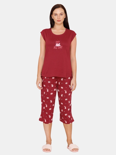 

Zivame Women Maroon & Pink Printed Night suit