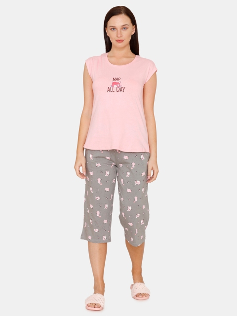 

Zivame Women Pink & Grey Printed Night suit