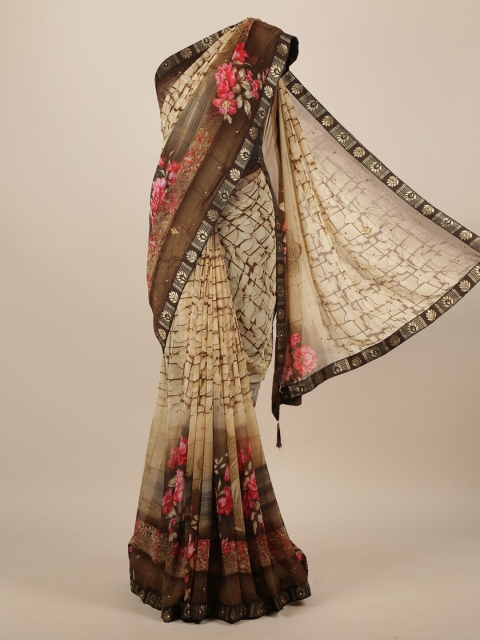 

Pothys Beige & Brown Poly Chiffon Printed Saree