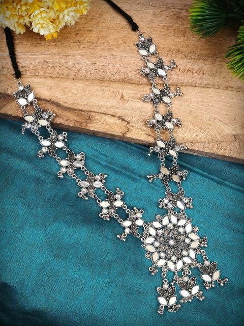 

Crunchy Fashion Silver-Toned & White Alloy Silver-Plated Oxidised Necklace